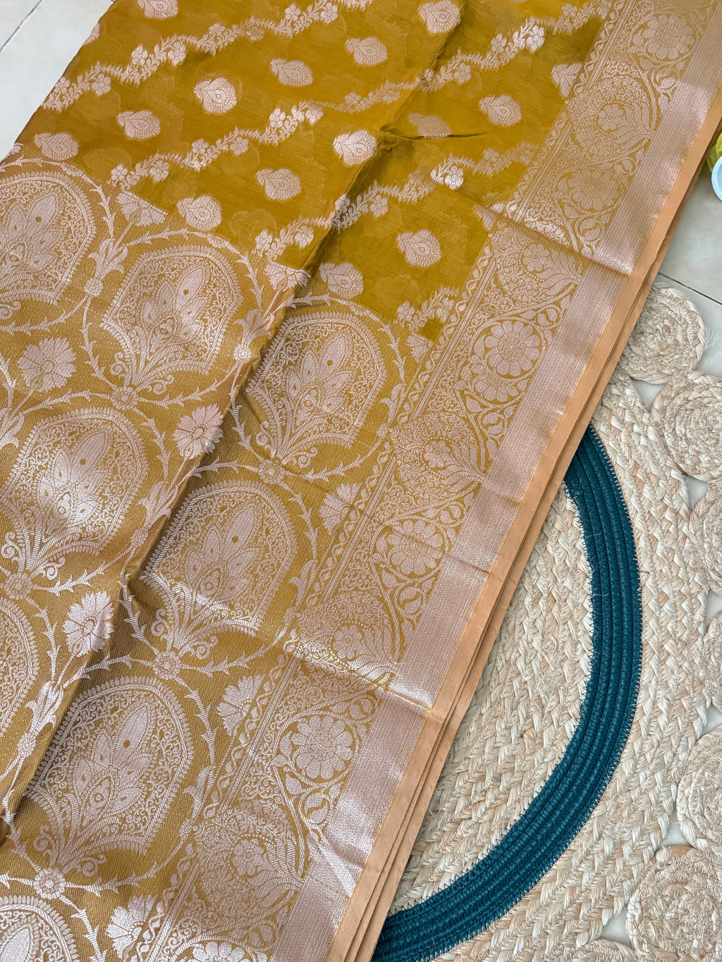 Deshi Dark Gold Half Silk Zari Saree - folded view 1