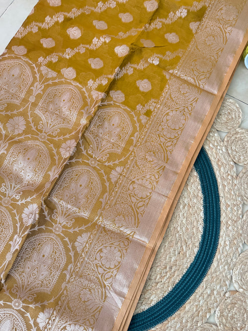 Deshi Dark Gold Half Silk Zari Saree - folded view 1