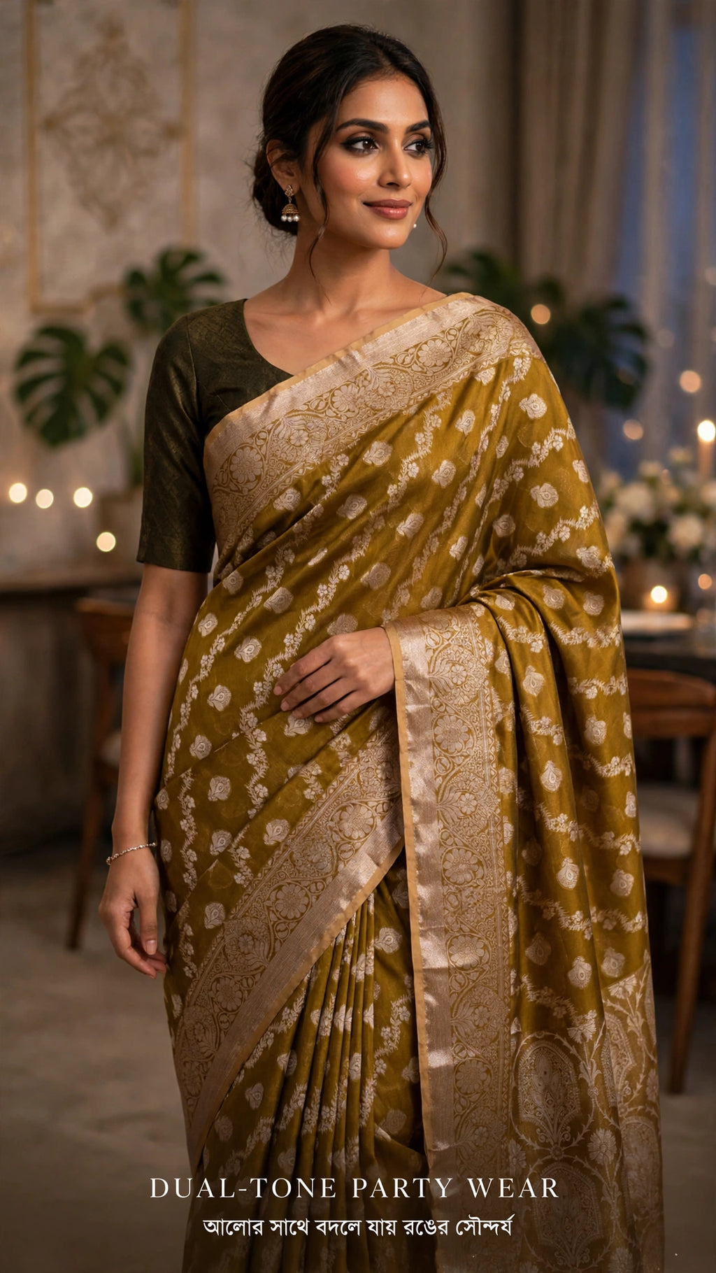 Deshi Dark Gold Half Silk Zari Saree - zari close-up