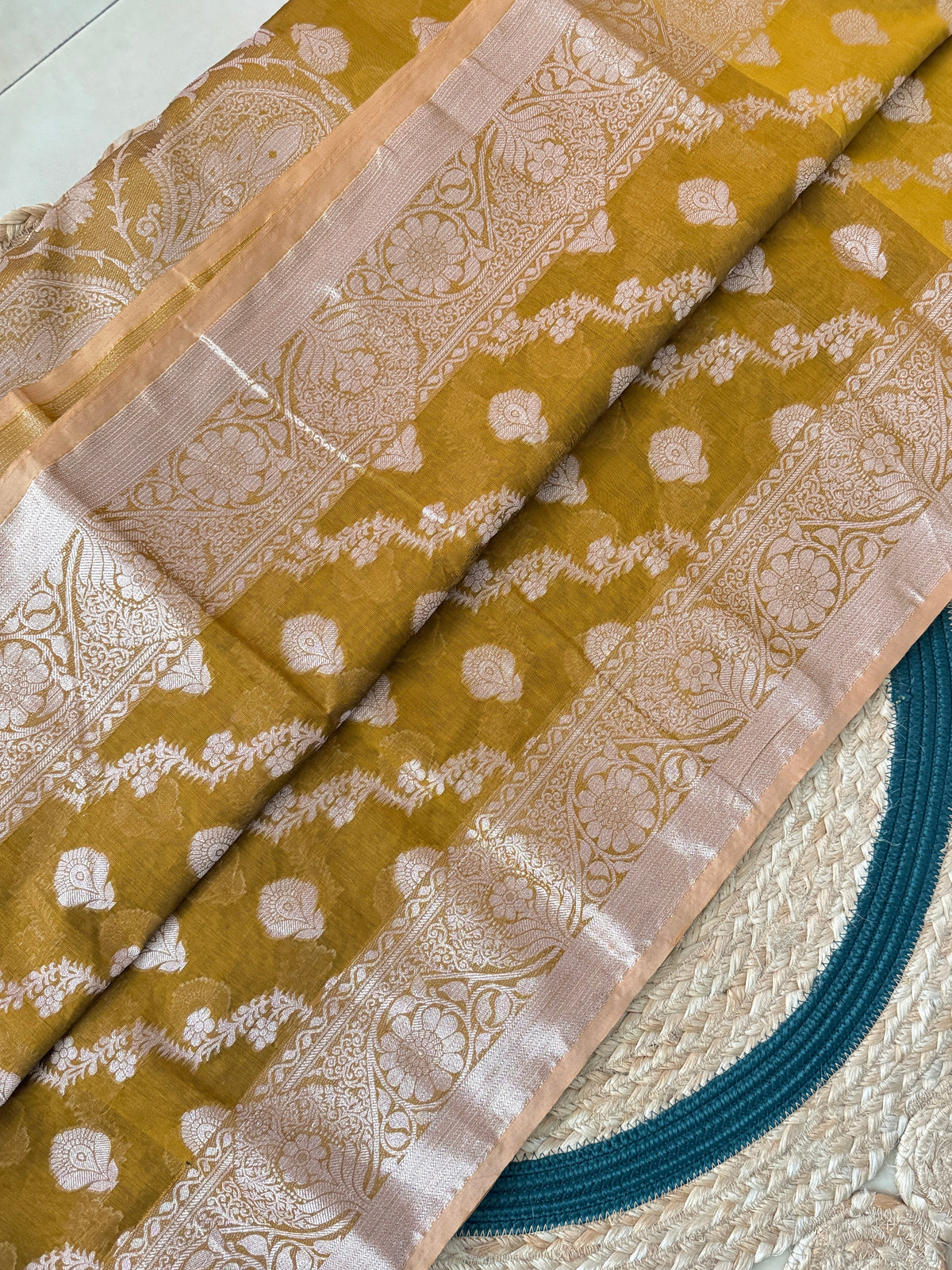 Deshi Dark Gold Half Silk Zari Saree - folded close-up
