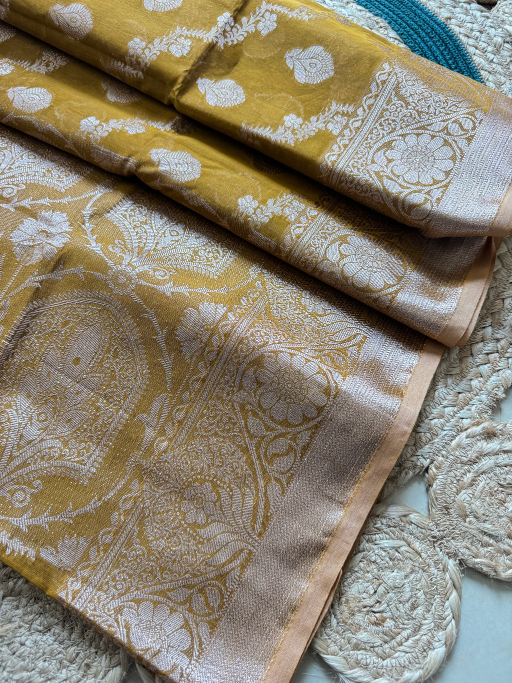 Deshi Dark Gold Half Silk Zari Saree - full spread view