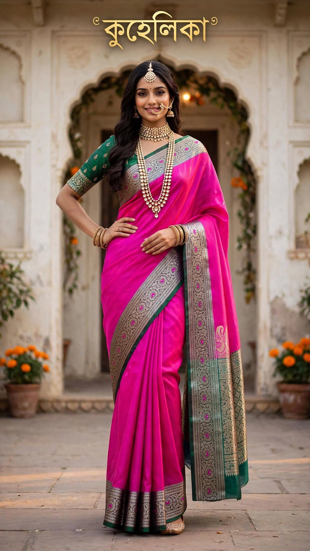 Indian Katan Silk Saree – Green & Hot Pink | Pure Varanasi Weave