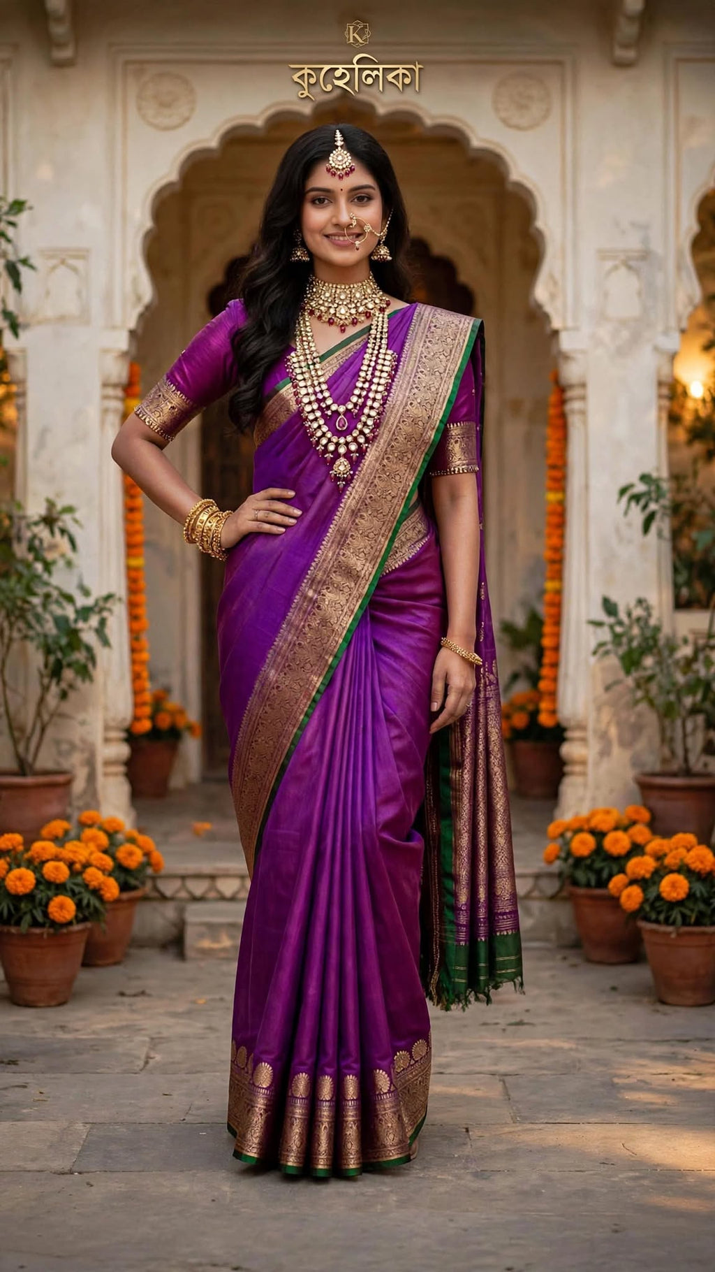 Indian Katan Silk Saree – Dark Purple with Green Blouse Piece
