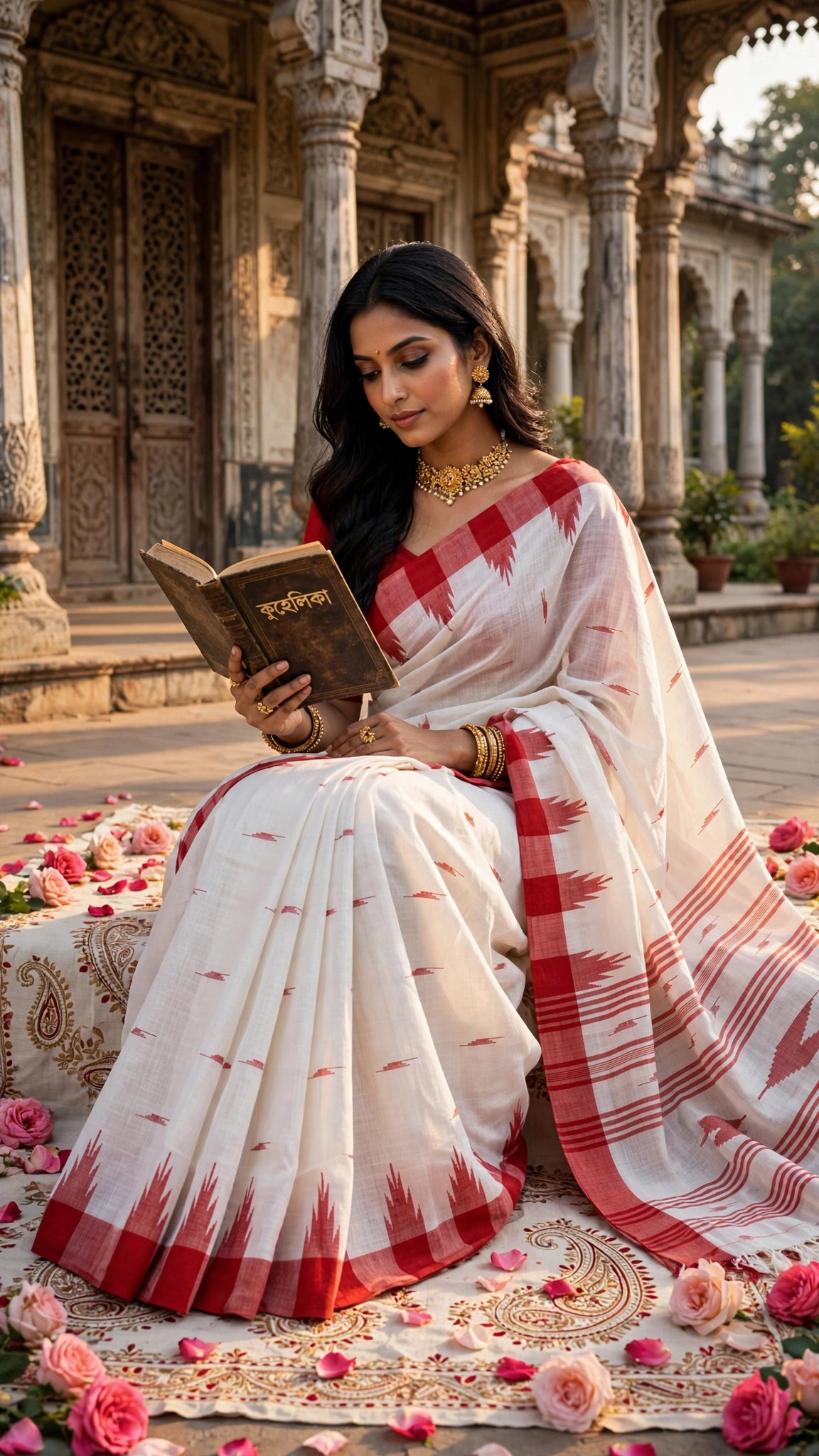 Kuhelika Monipuri – White & Red | Pure Ivory with Crimson Grace