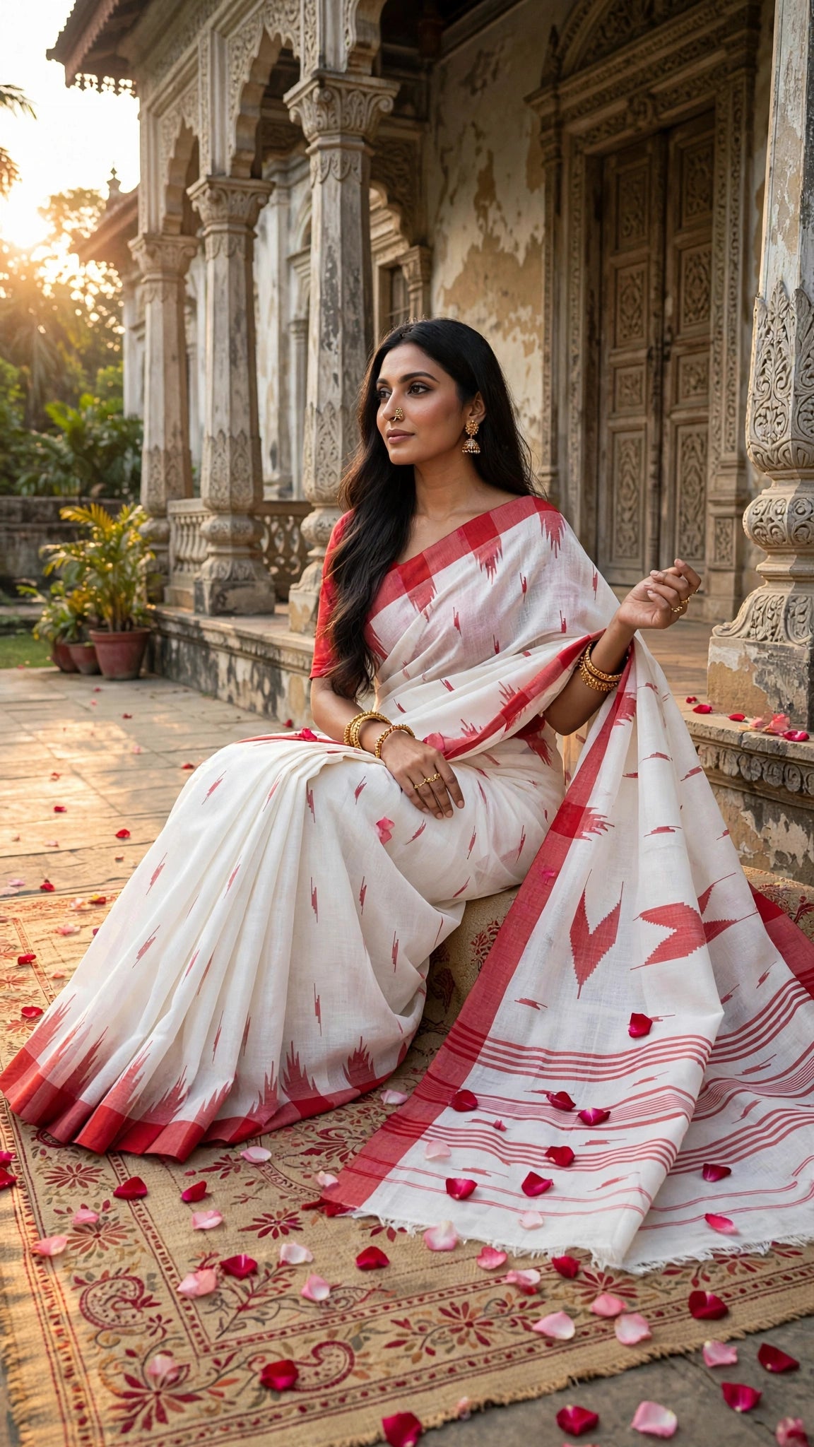 Kuhelika Monipuri – White & Red | Pure Ivory with Crimson Grace