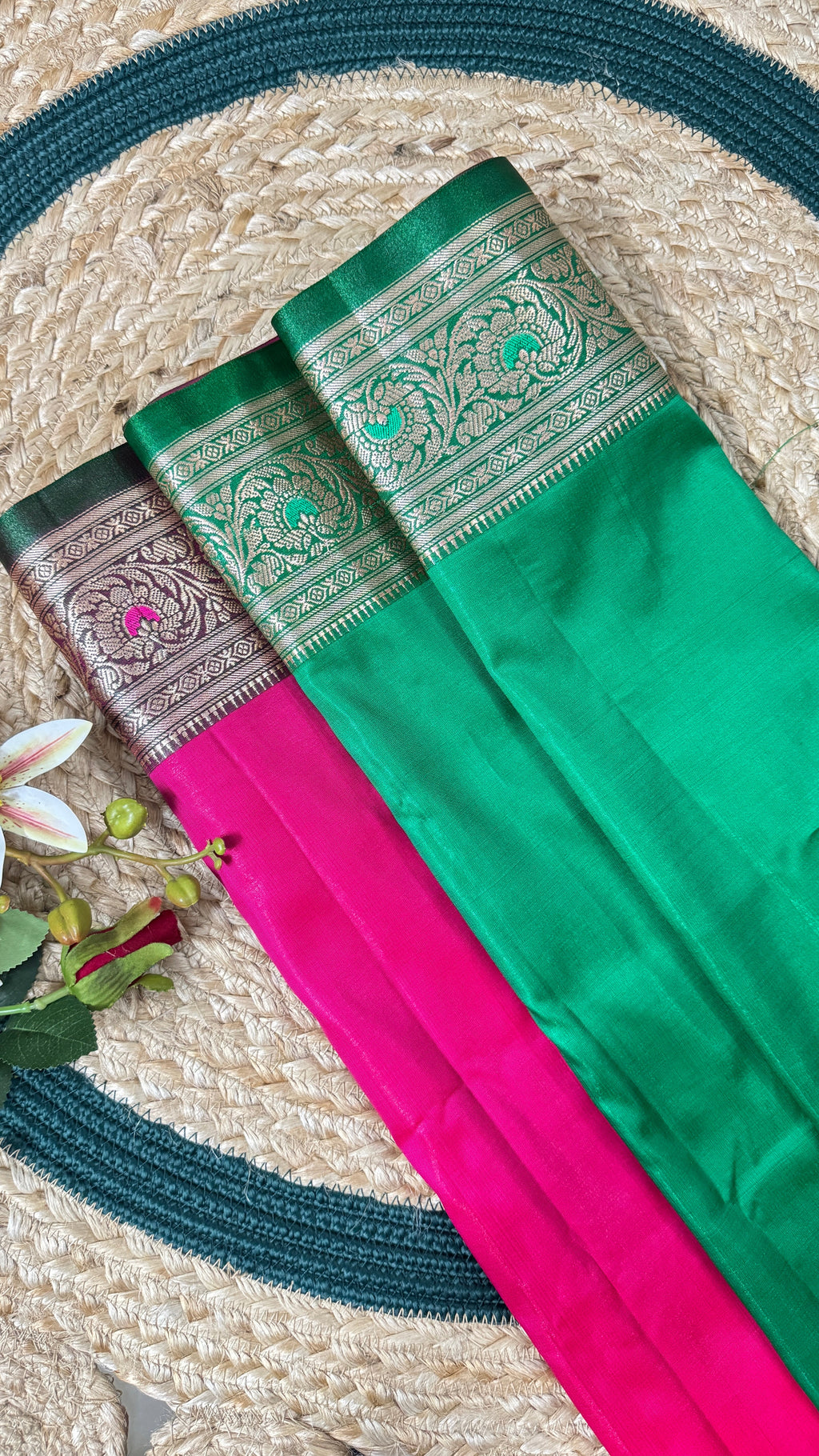 Indian Katan Silk Saree – hot pink blouse piece detail