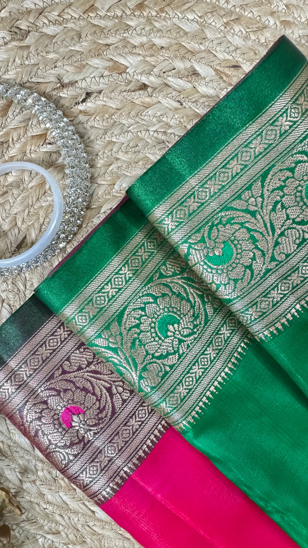 Indian Katan Silk Saree Green Hot Pink – border detail flat lay