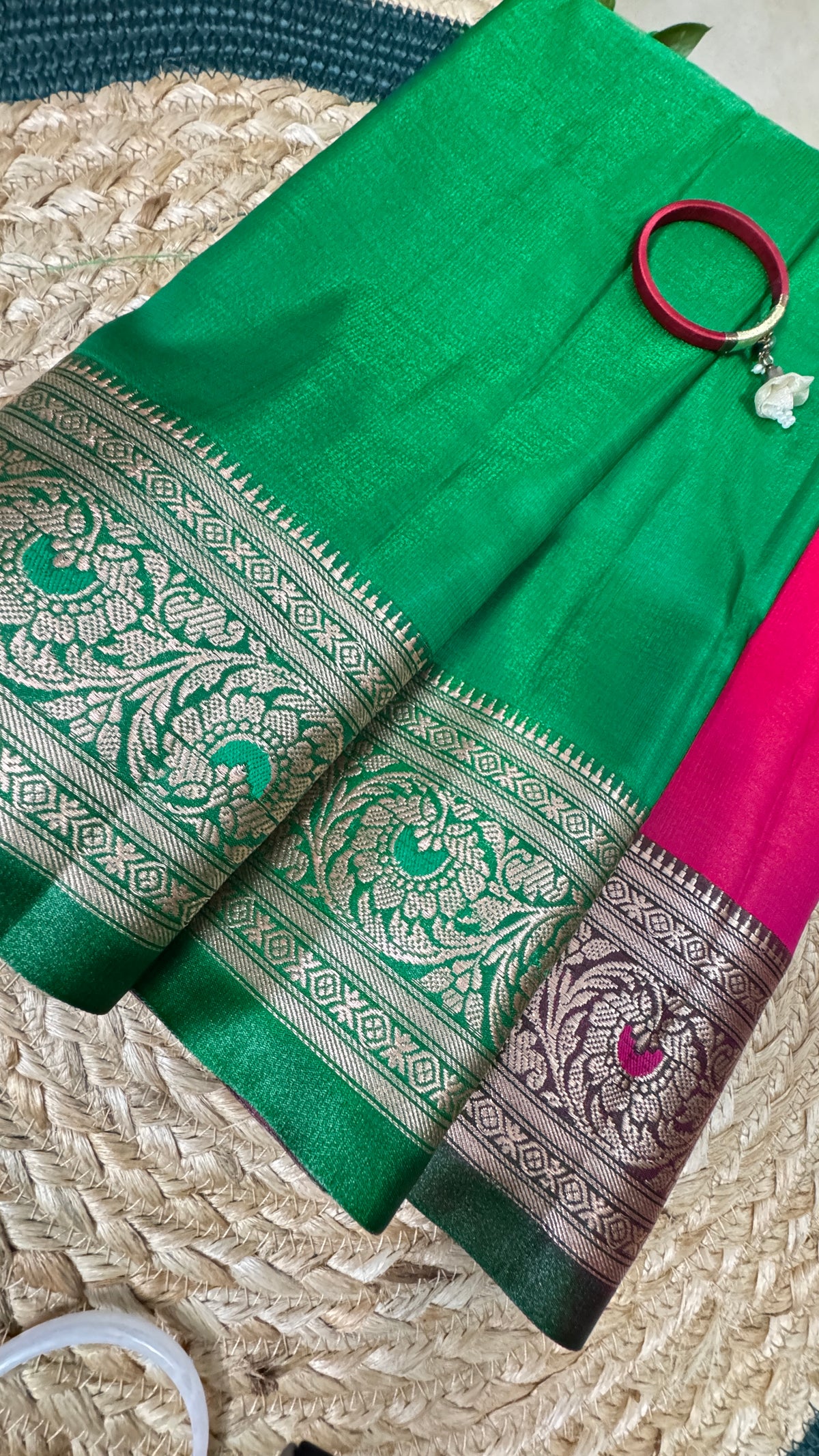Indian Katan Silk Saree – Green & Hot Pink | Pure Varanasi Weave