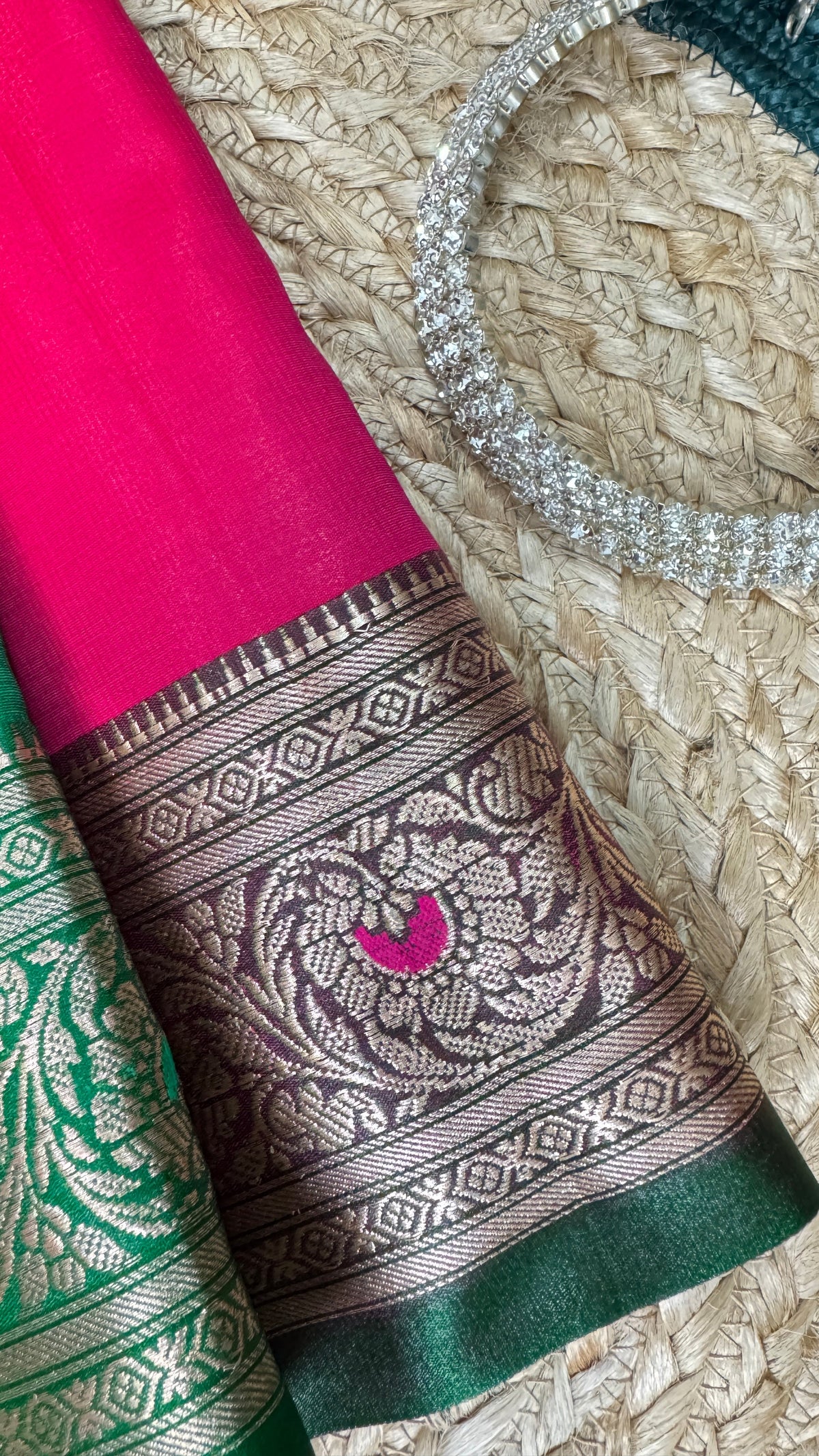 Indian Katan Silk Saree – full pallu on flat lay