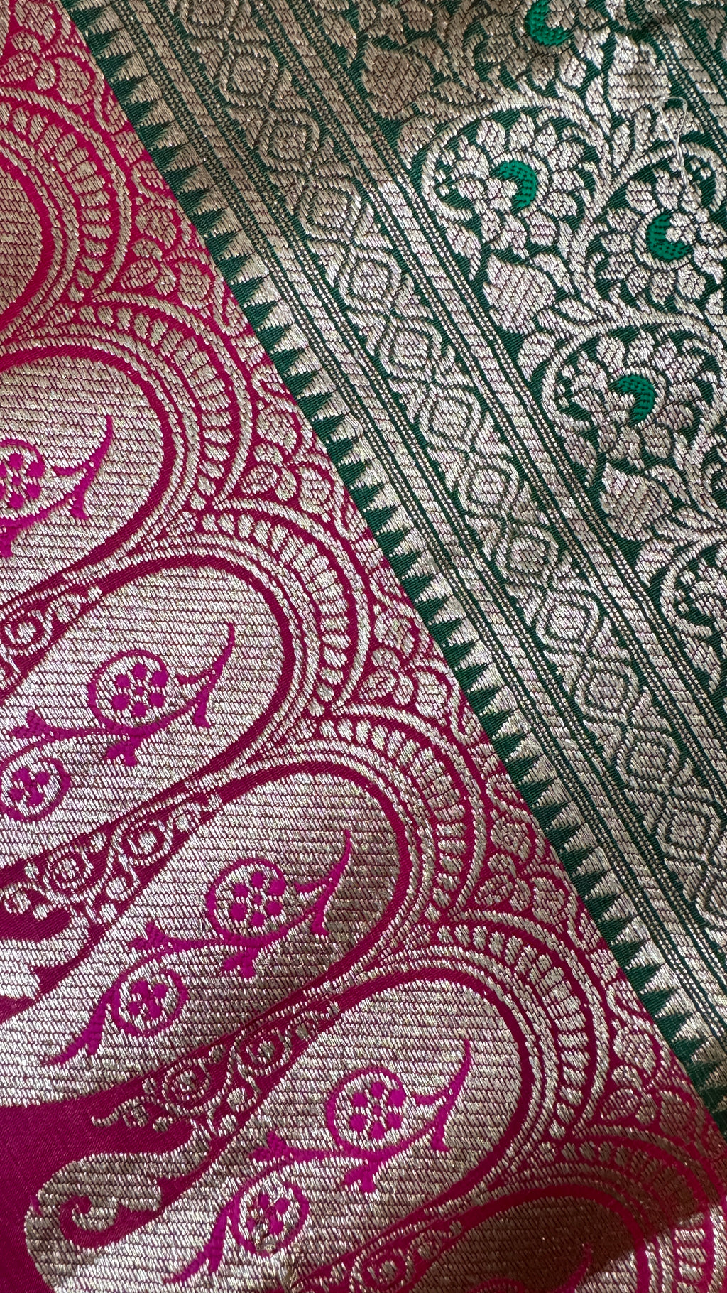 Indian Katan Silk Saree – Green & Hot Pink | Pure Varanasi Weave