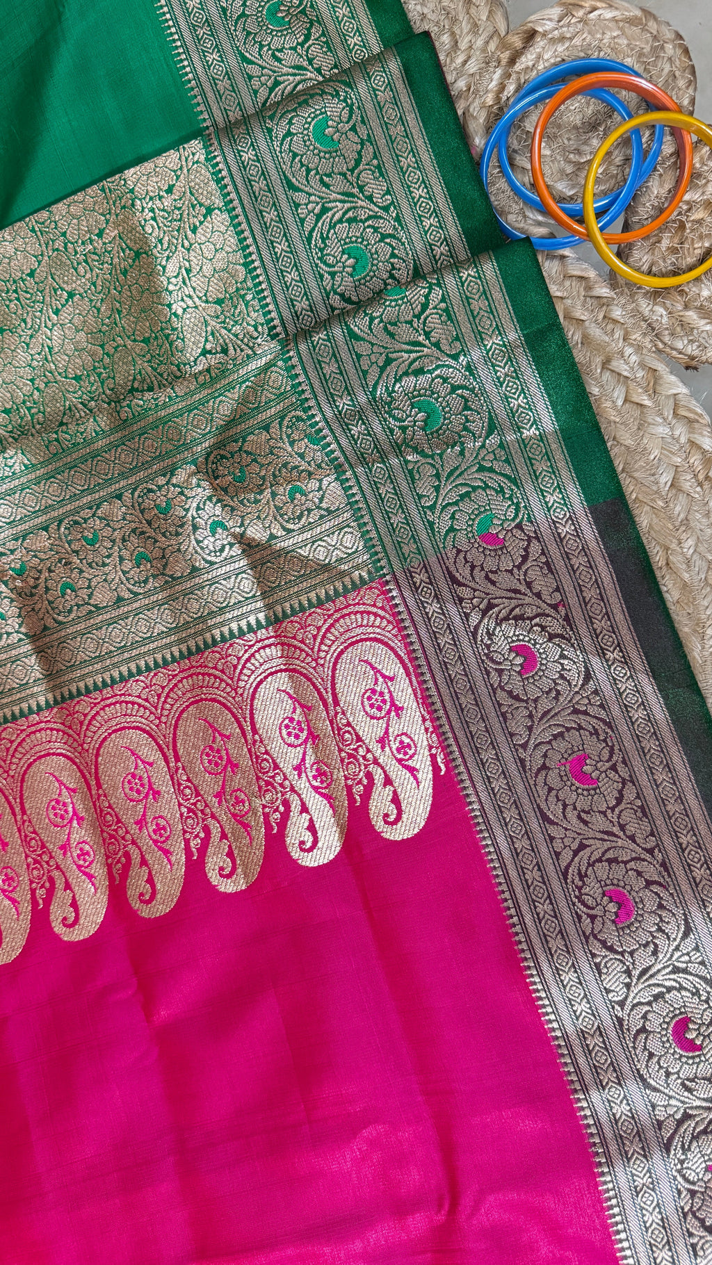 Indian Katan Silk Saree – green body flat lay