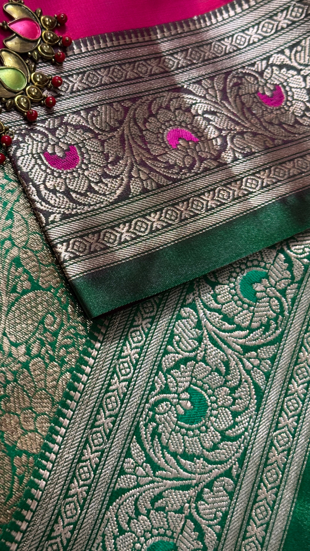 Indian Katan Silk Saree – Green & Hot Pink | Pure Varanasi Weave