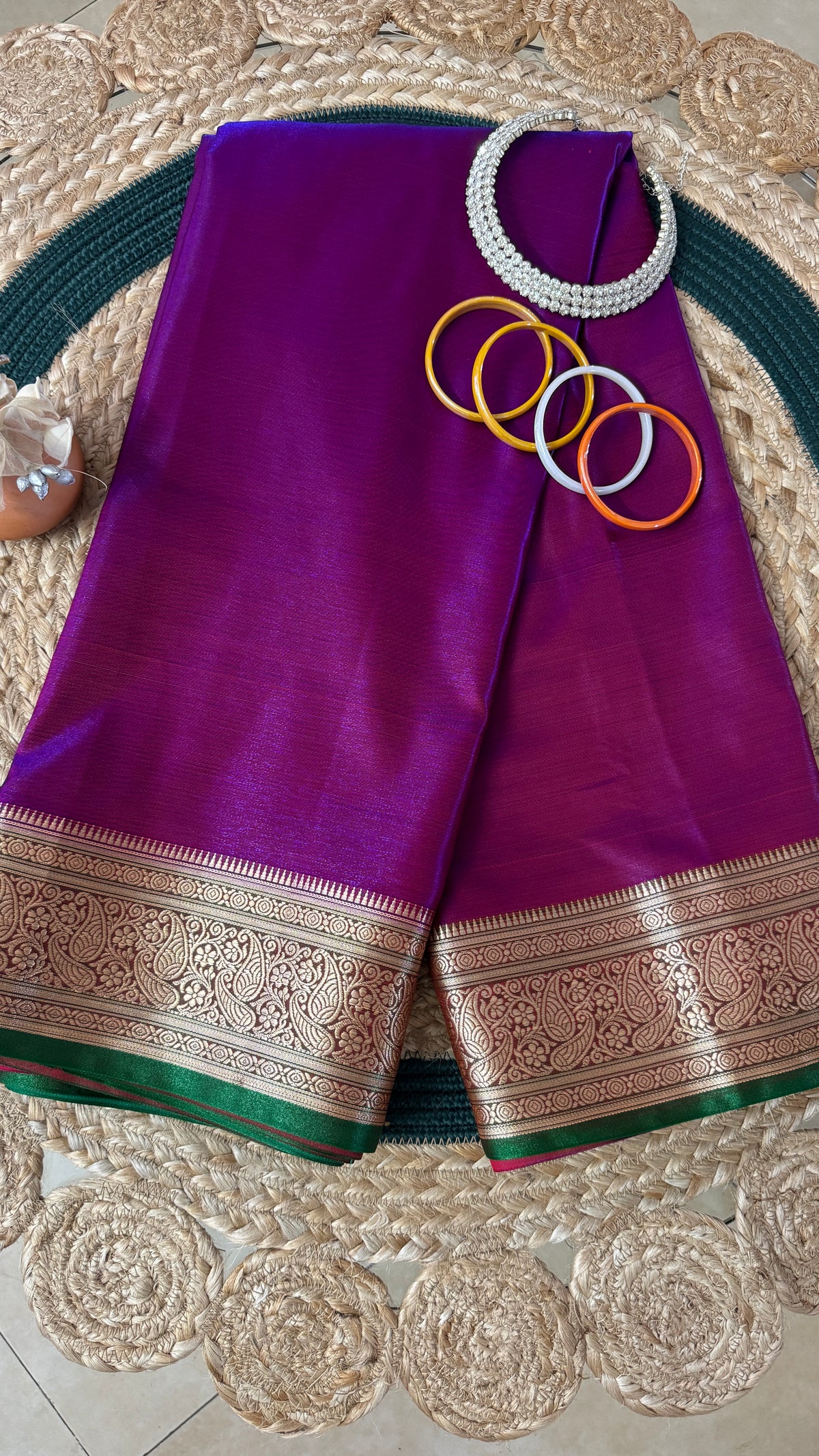 Indian Katan Silk Saree – Dark Purple with Green Blouse Piece