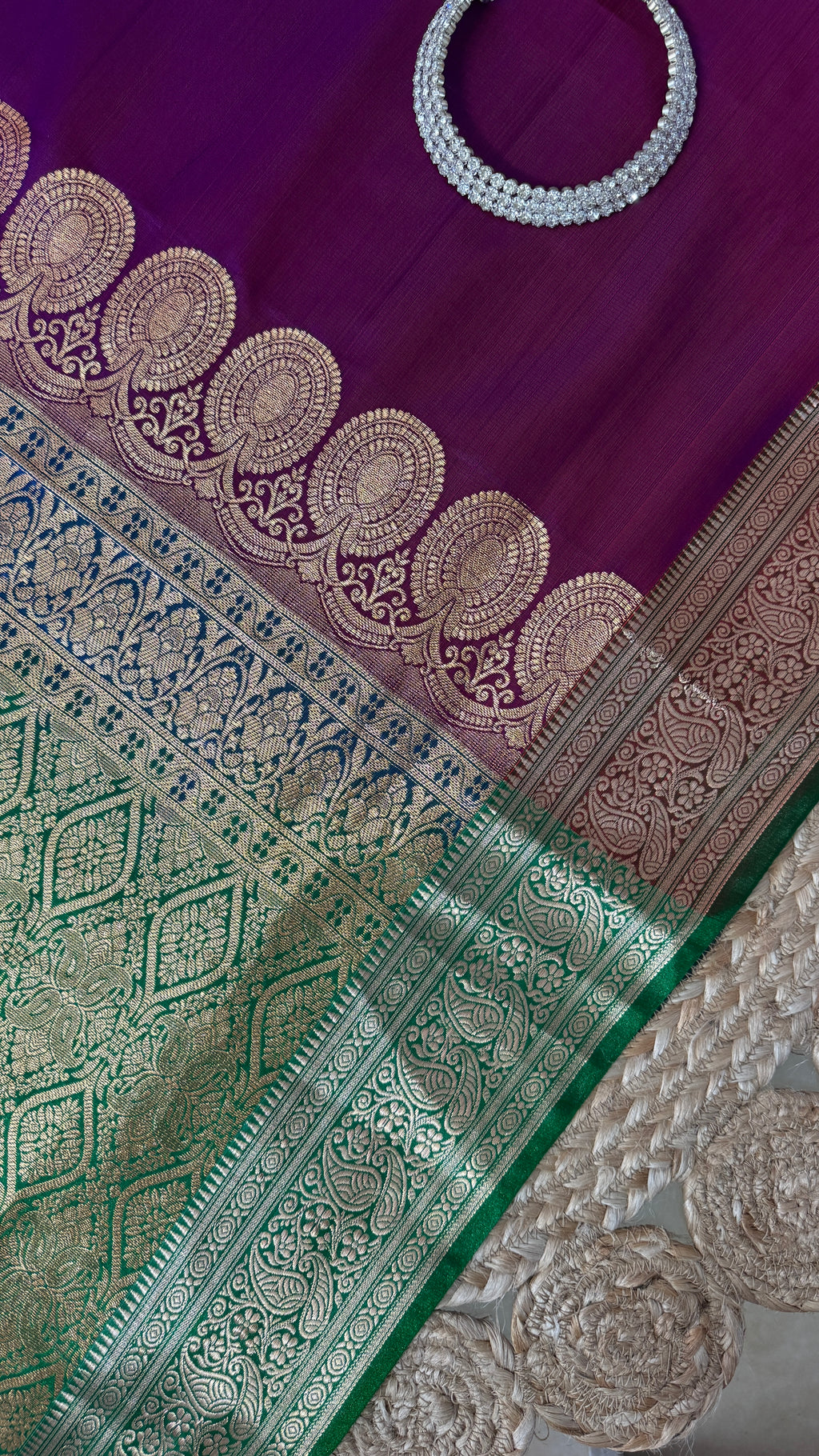 Indian Katan Silk Saree – Dark Purple with Green Blouse Piece