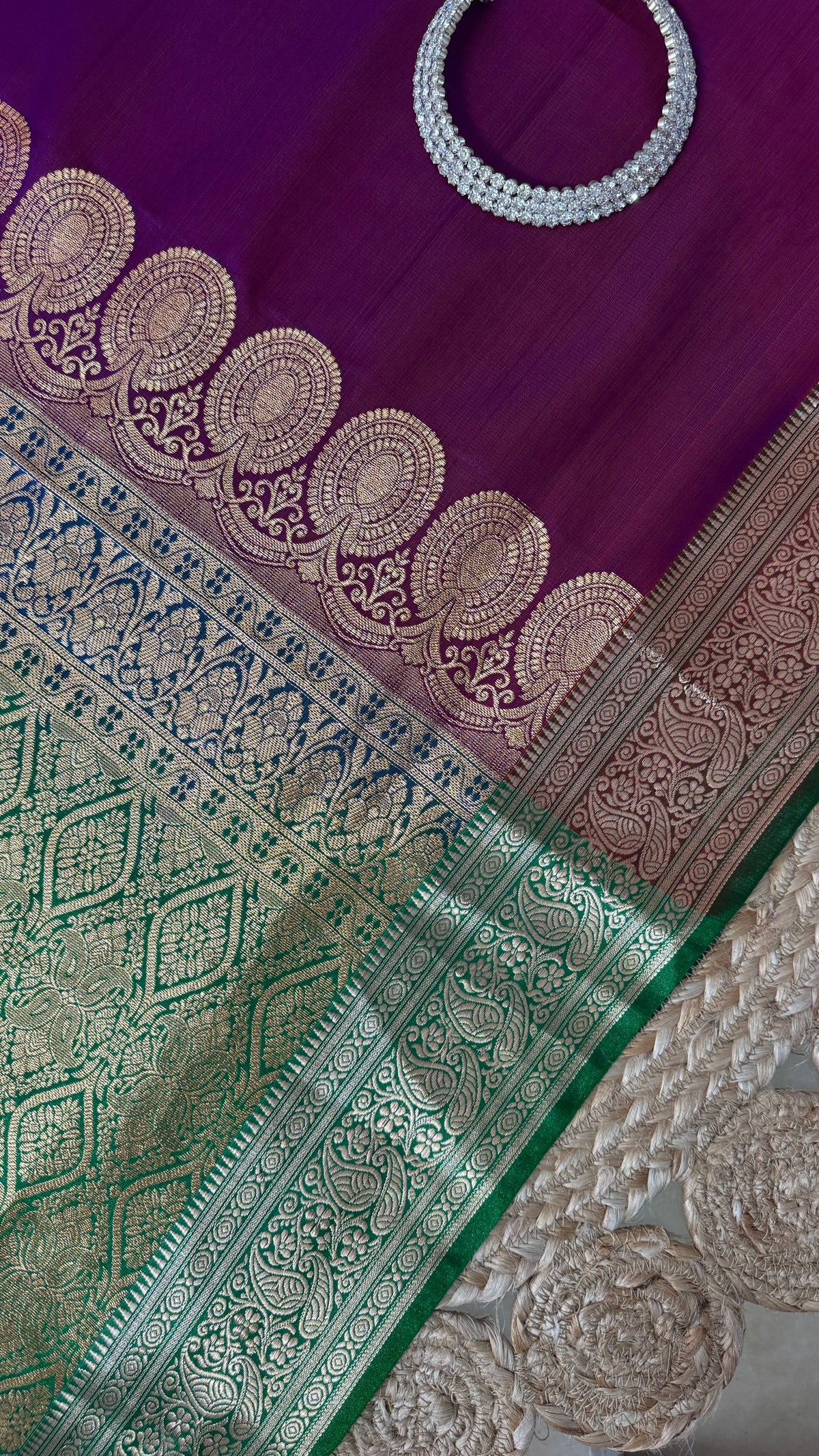 Indian Katan Silk Saree – Dark Purple with Green Blouse Piece
