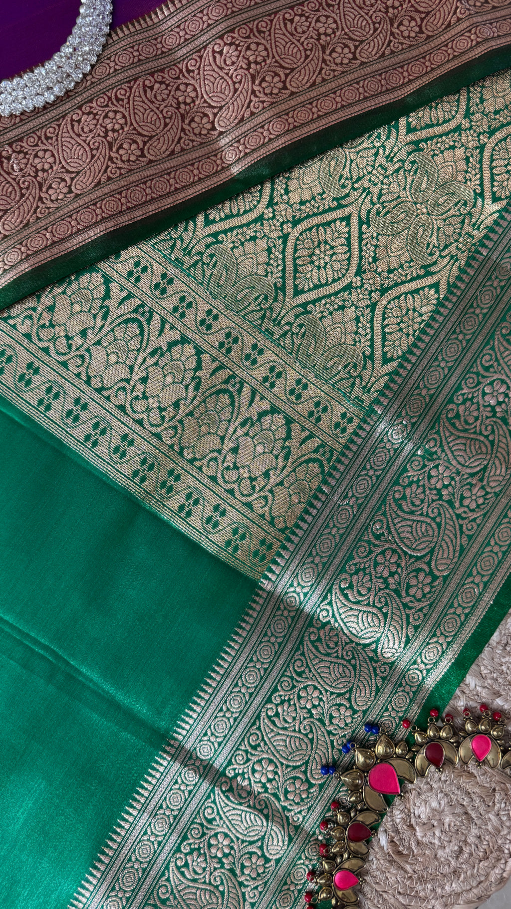 Indian Katan Silk Saree – Dark Purple with Green Blouse Piece