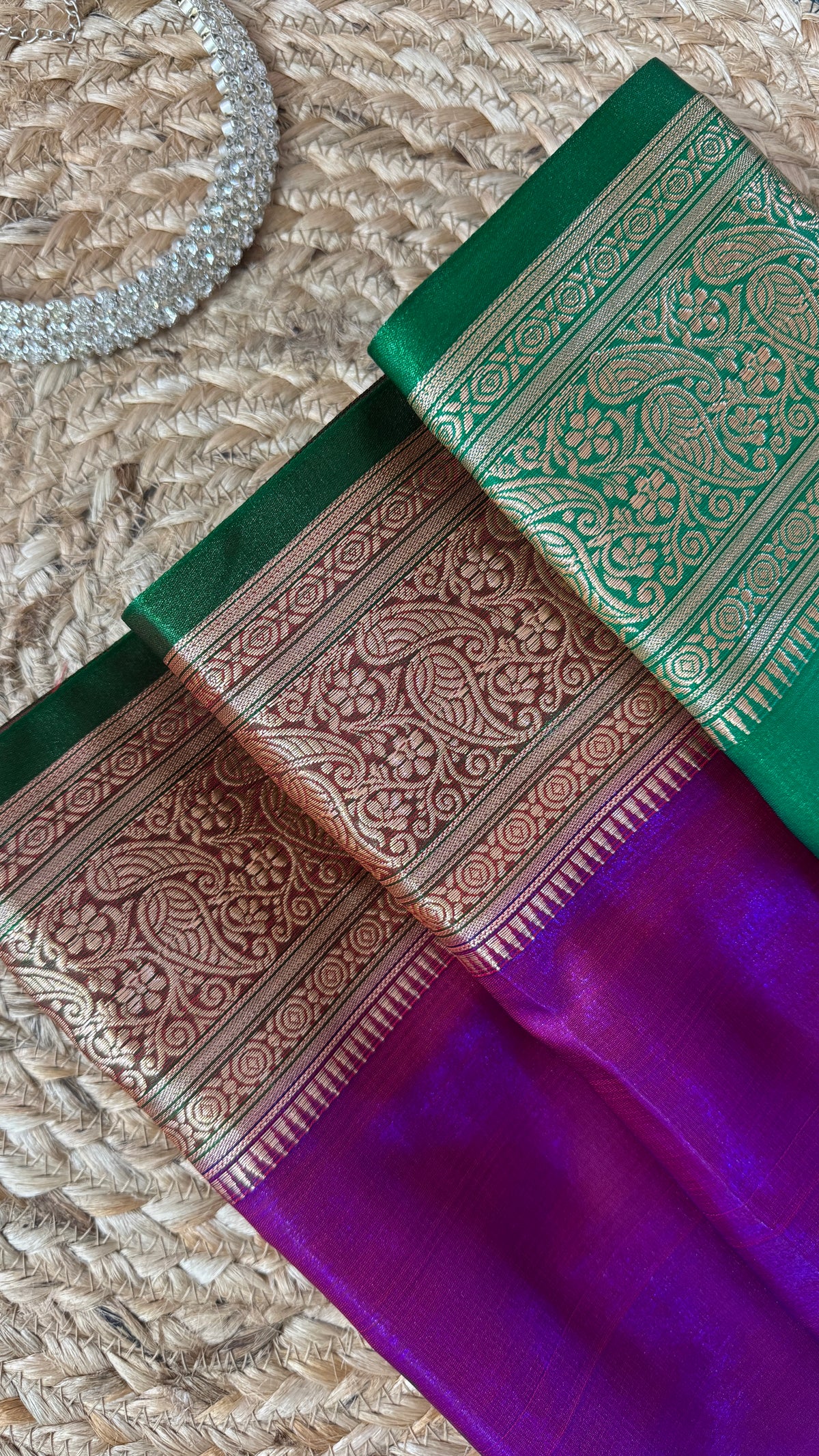 Indian Katan Silk Saree – Dark Purple with Green Blouse Piece