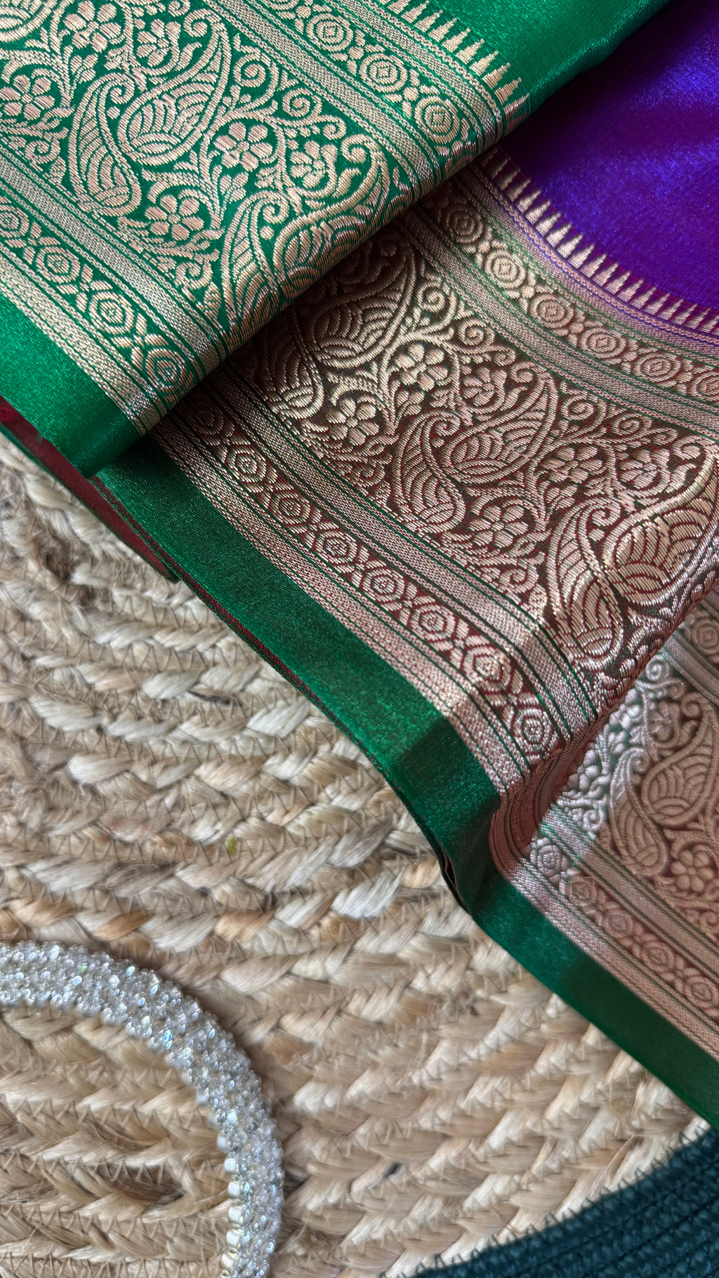 Indian Katan Silk Saree – Dark Purple with Green Blouse Piece