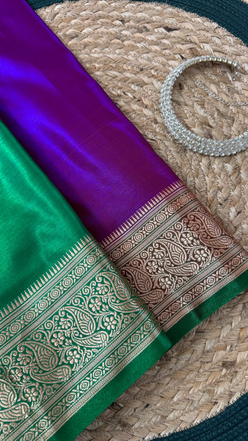 Indian Katan Silk Saree – Dark Purple with Green Blouse Piece