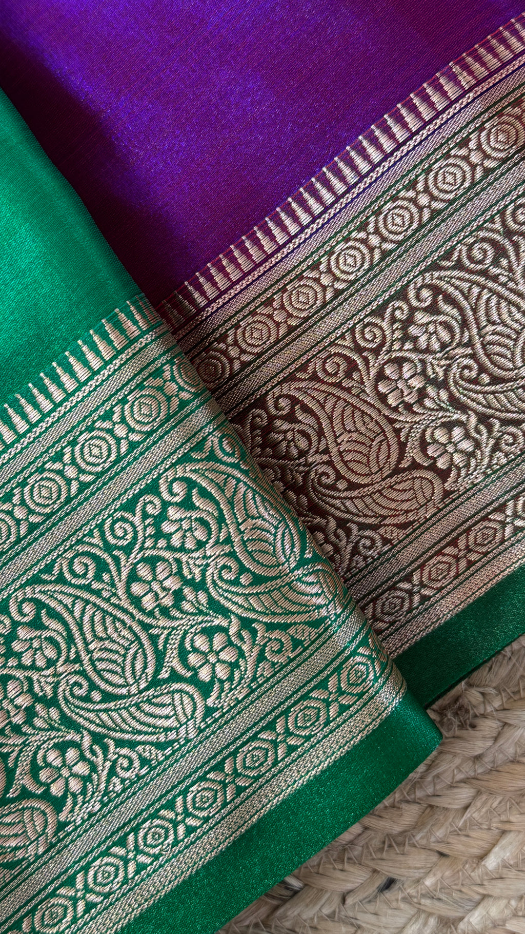 Indian Katan Silk Saree – Dark Purple with Green Blouse Piece