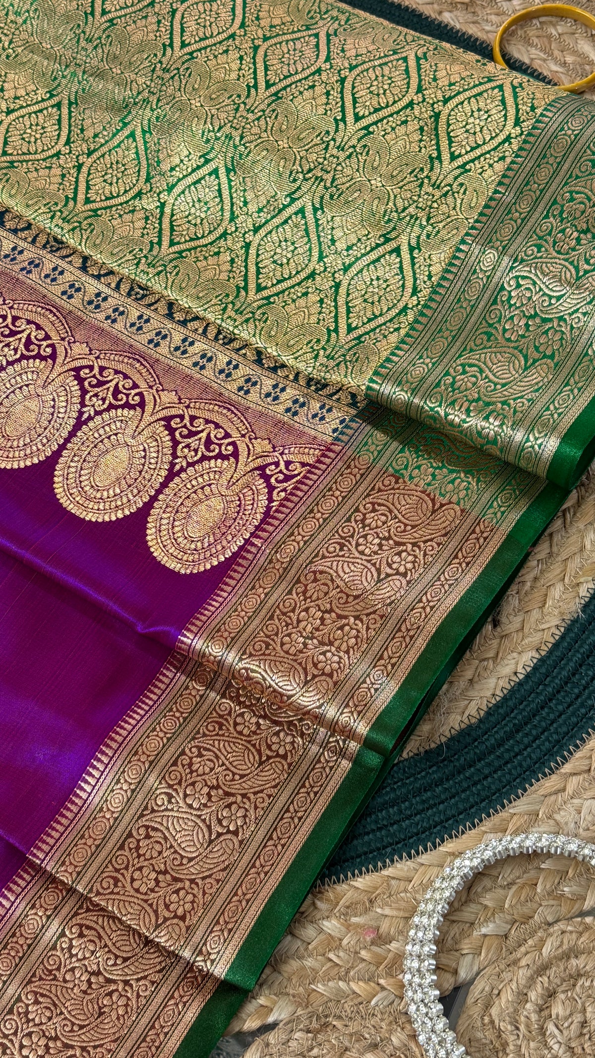 Indian Katan Silk Saree – Dark Purple with Green Blouse Piece