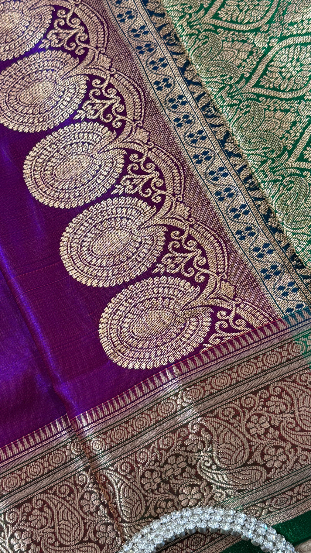 Indian Katan Silk Saree – Dark Purple with Green Blouse Piece