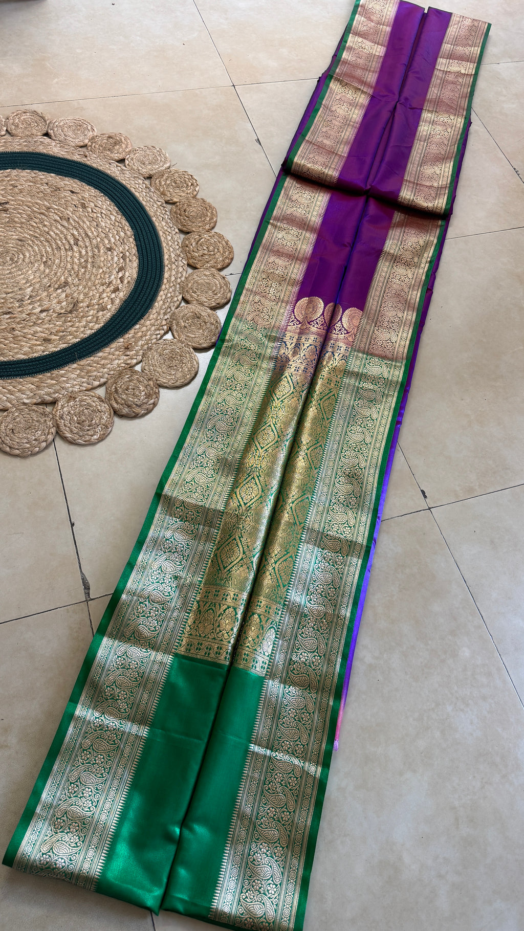 Indian Katan Silk Saree – Dark Purple with Green Blouse Piece