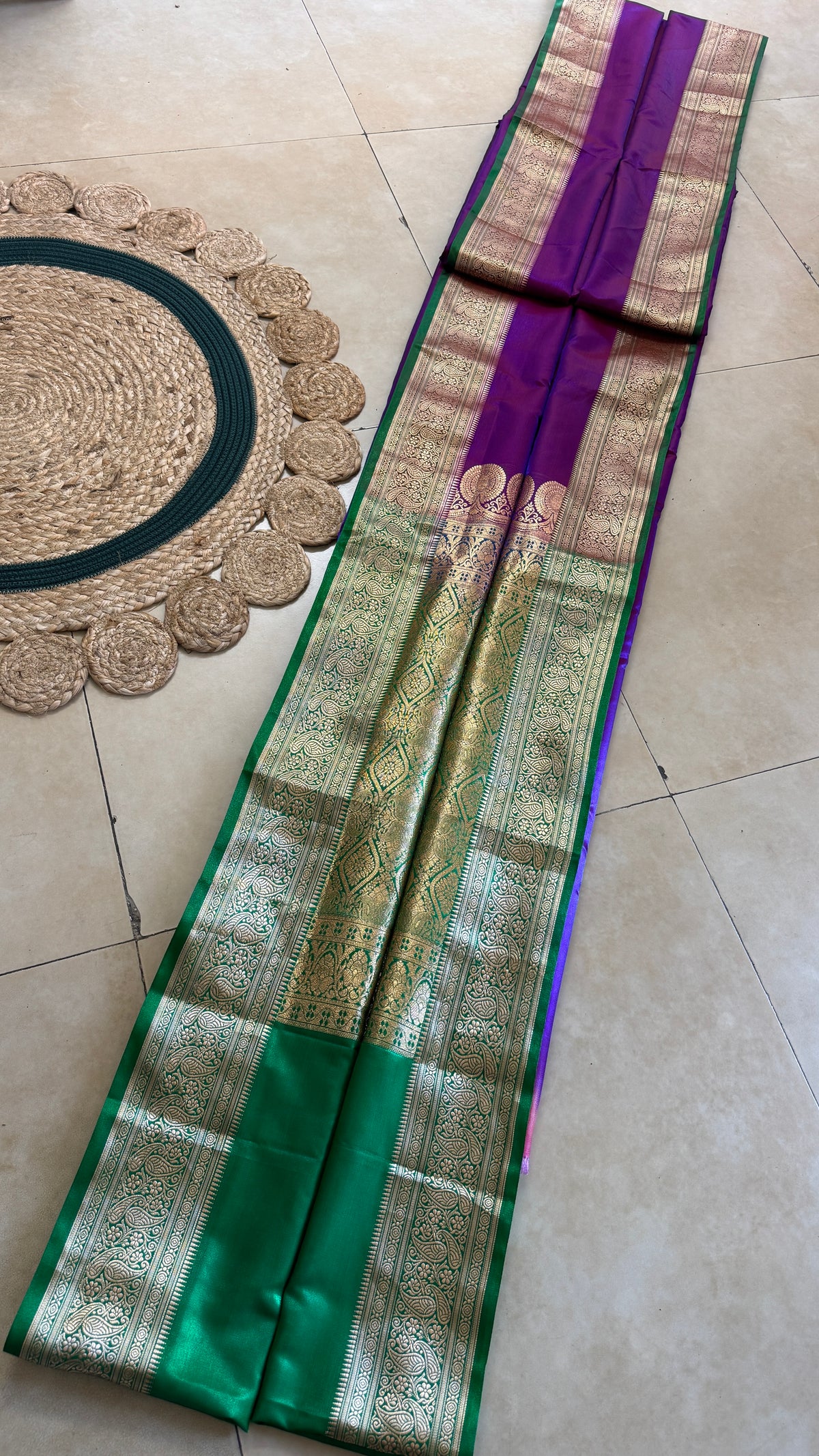Indian Katan Silk Saree – Dark Purple with Green Blouse Piece