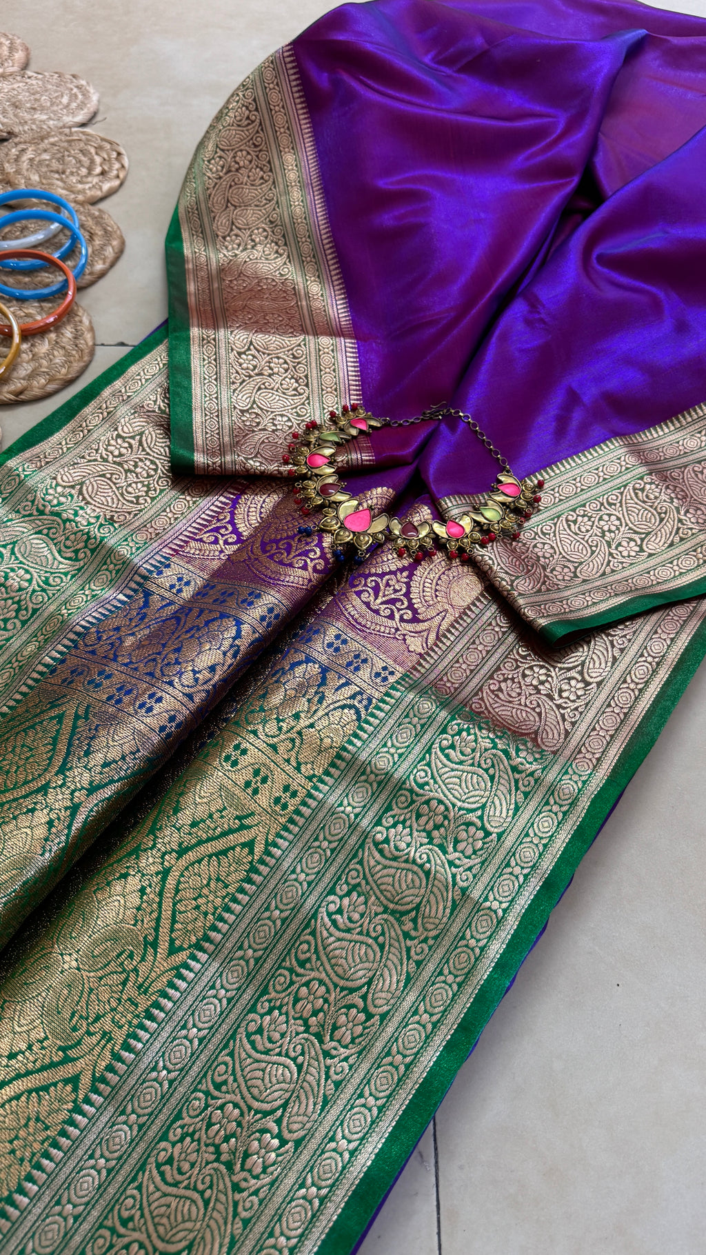 Indian Katan Silk Saree – Dark Purple with Green Blouse Piece