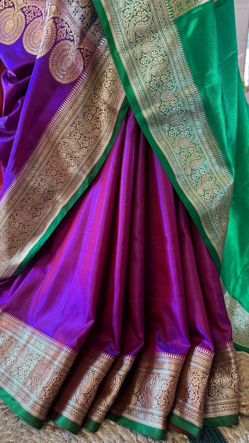 Indian Katan Silk Saree – Dark Purple with Green Blouse Piece