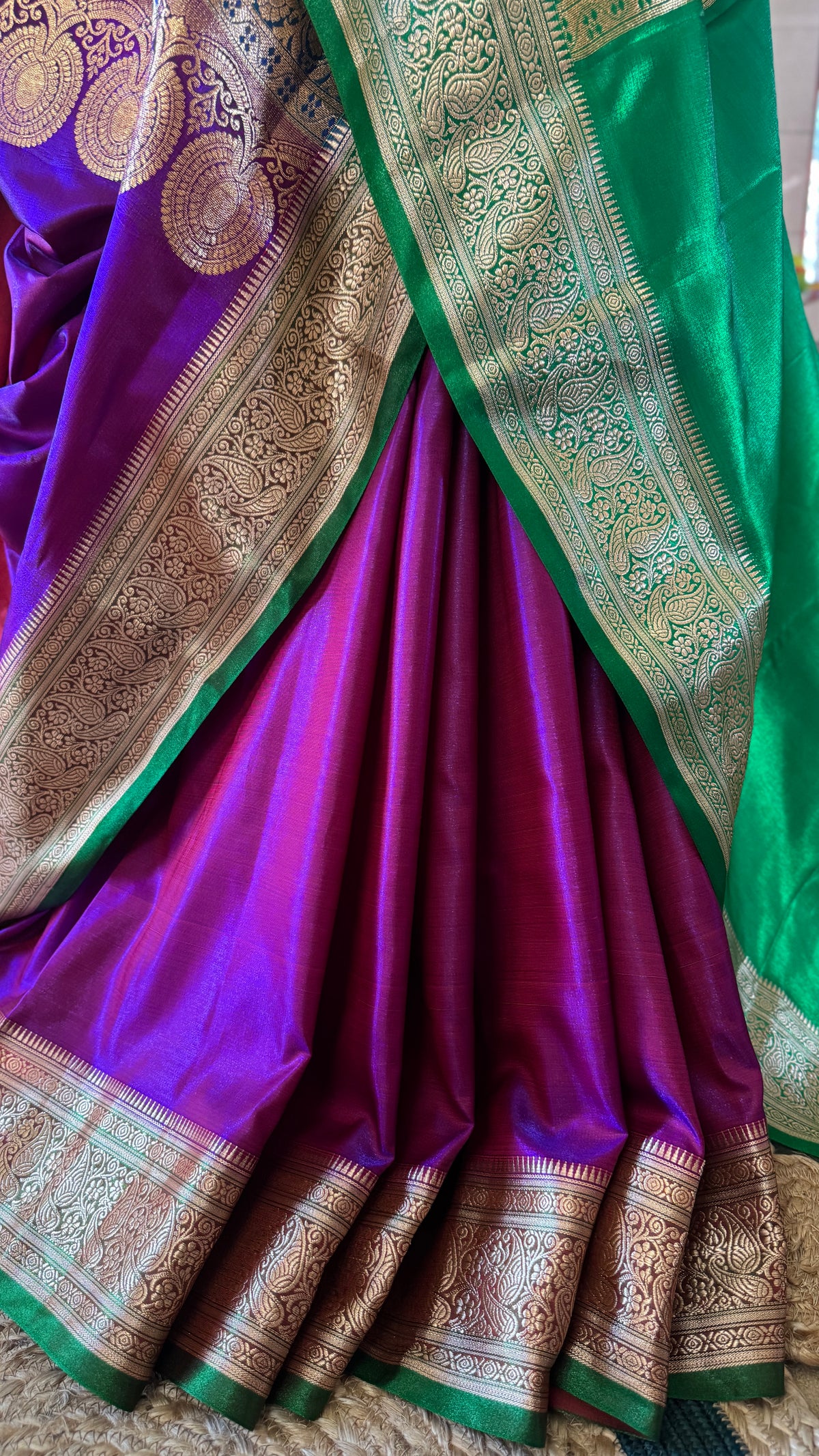 Indian Katan Silk Saree – Dark Purple with Green Blouse Piece