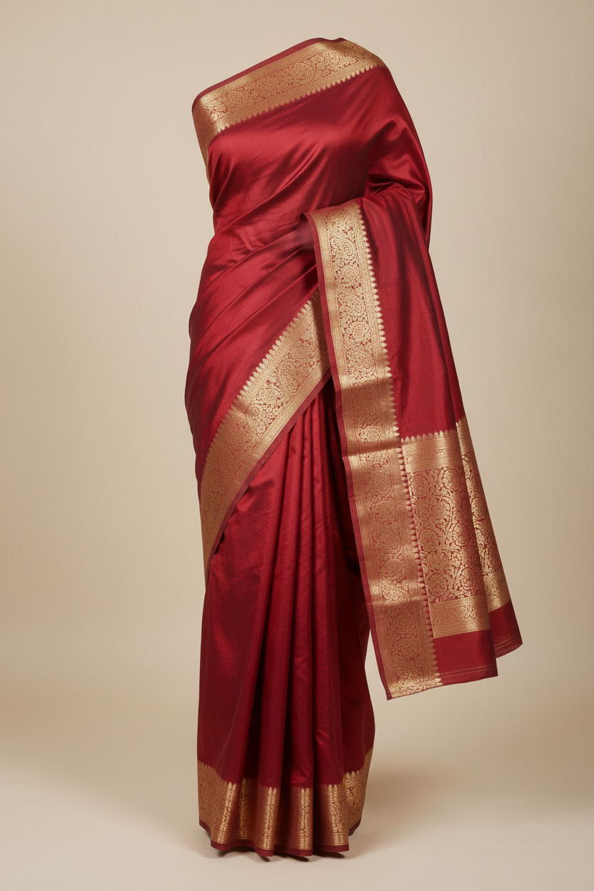 Indian Katan Silk Saree in Deep Red with gold zari border