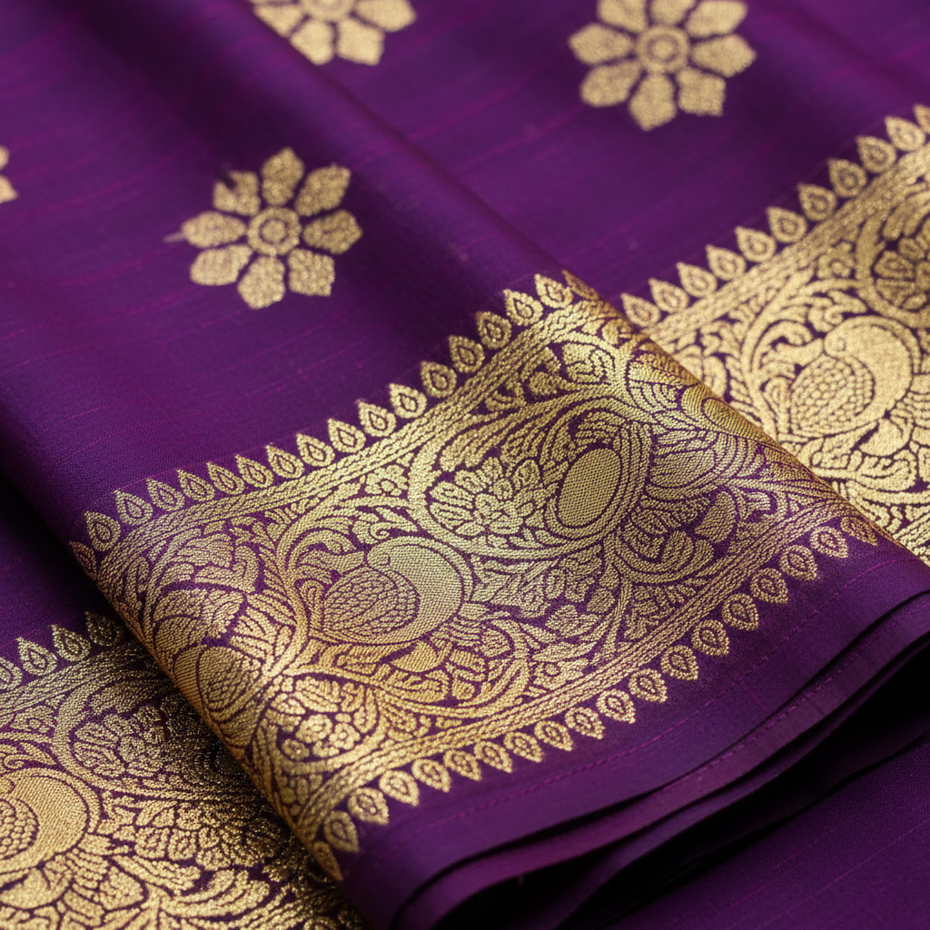 Close-up of gold zari border on deep purple Katan silk saree