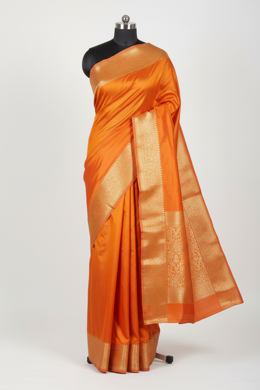 Indian Katan Silk Saree in Vibrant Orange with gold zari border