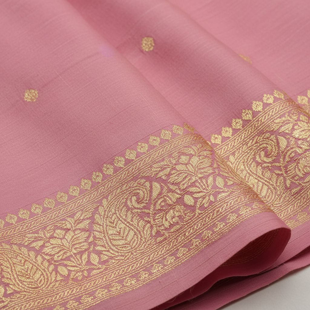 Close-up of gold zari border on soft pink Katan silk saree