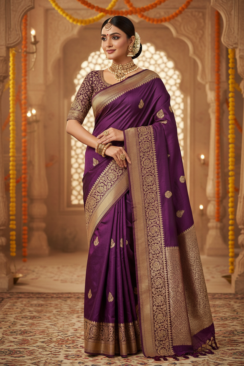 Model wearing deep purple Katan silk saree at a festive occasion