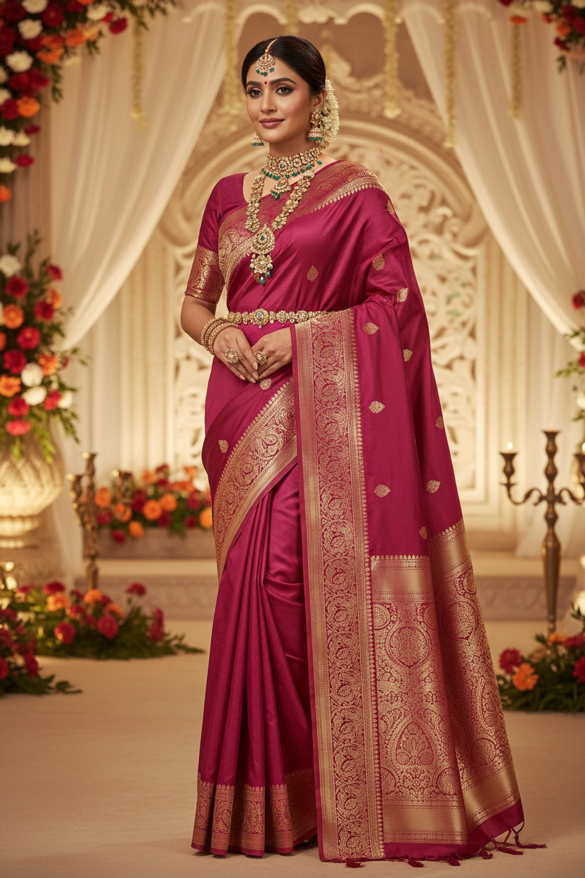 Model wearing dark pink Katan silk saree at a wedding