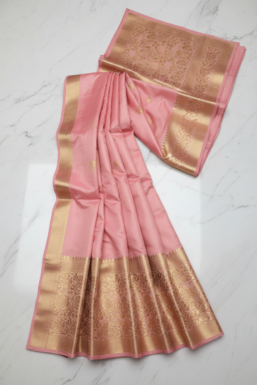 Soft pink Katan silk saree flat lay showing full length and gold zari border