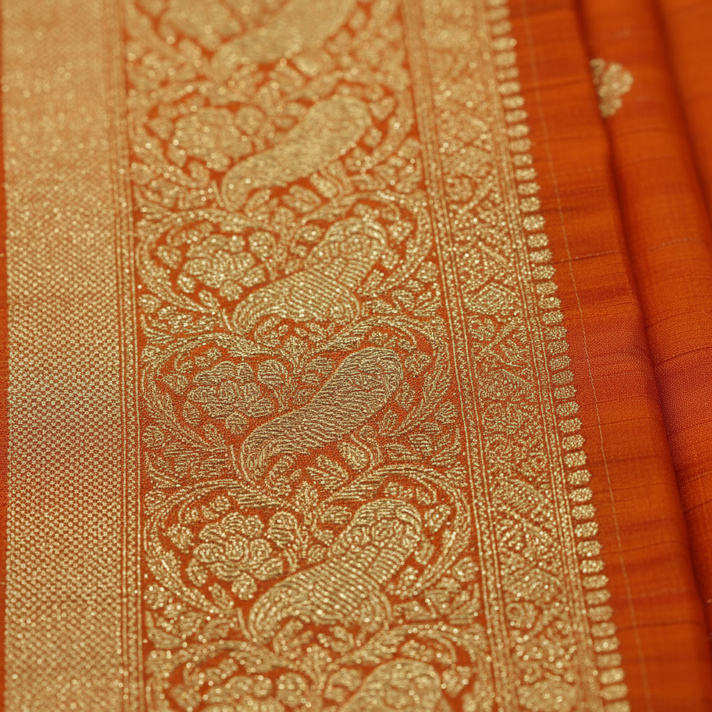 Close-up of gold zari border on orange Katan silk saree