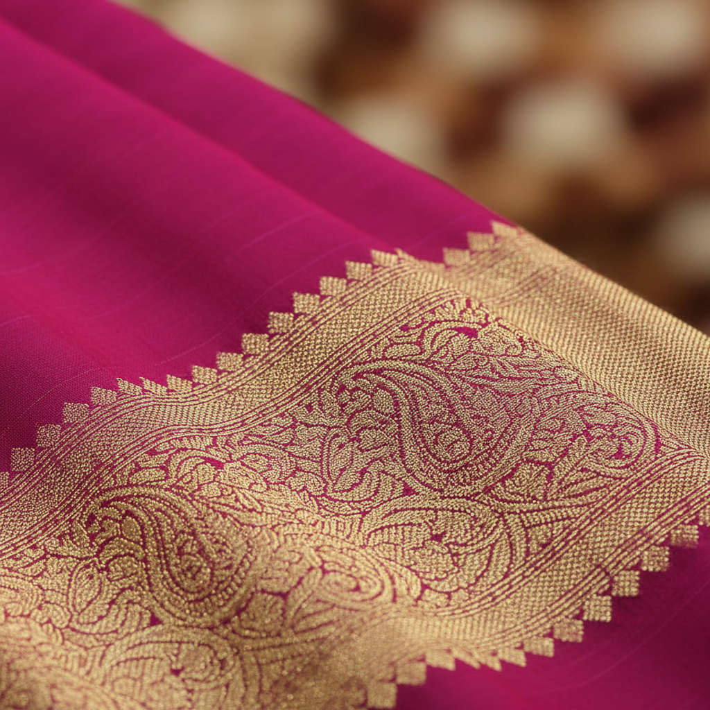 Close-up of gold zari border on dark pink Katan silk saree