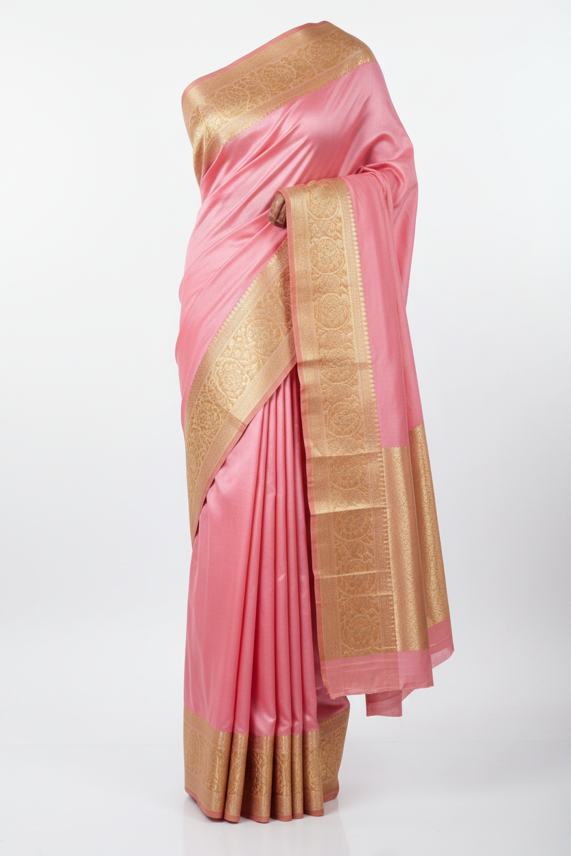 Indian Katan Silk Saree in Soft Pink with gold zari border