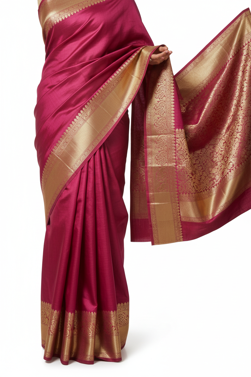 Indian Katan Silk Saree in Dark Pink with gold zari border, draped elegantly