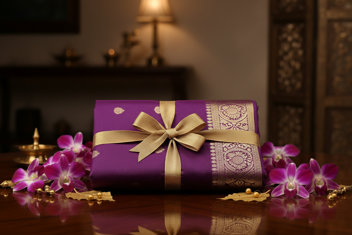 Deep purple Katan silk saree gift presented with purple orchids