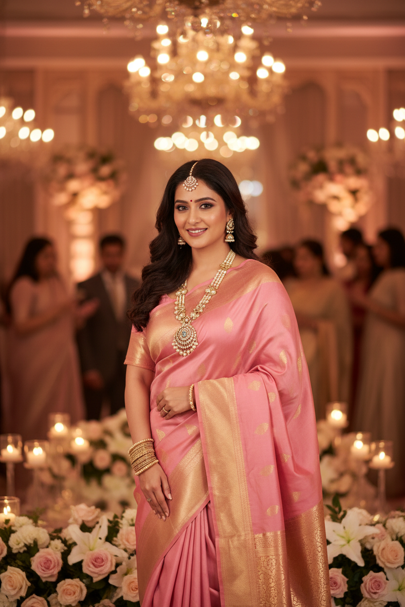 Model wearing soft pink Katan silk saree at wedding reception