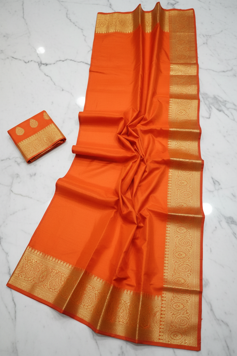 Orange Katan silk saree flat lay showing full length and gold zari border