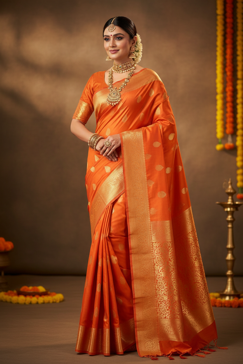 Model wearing vibrant orange Katan silk saree at festive occasion