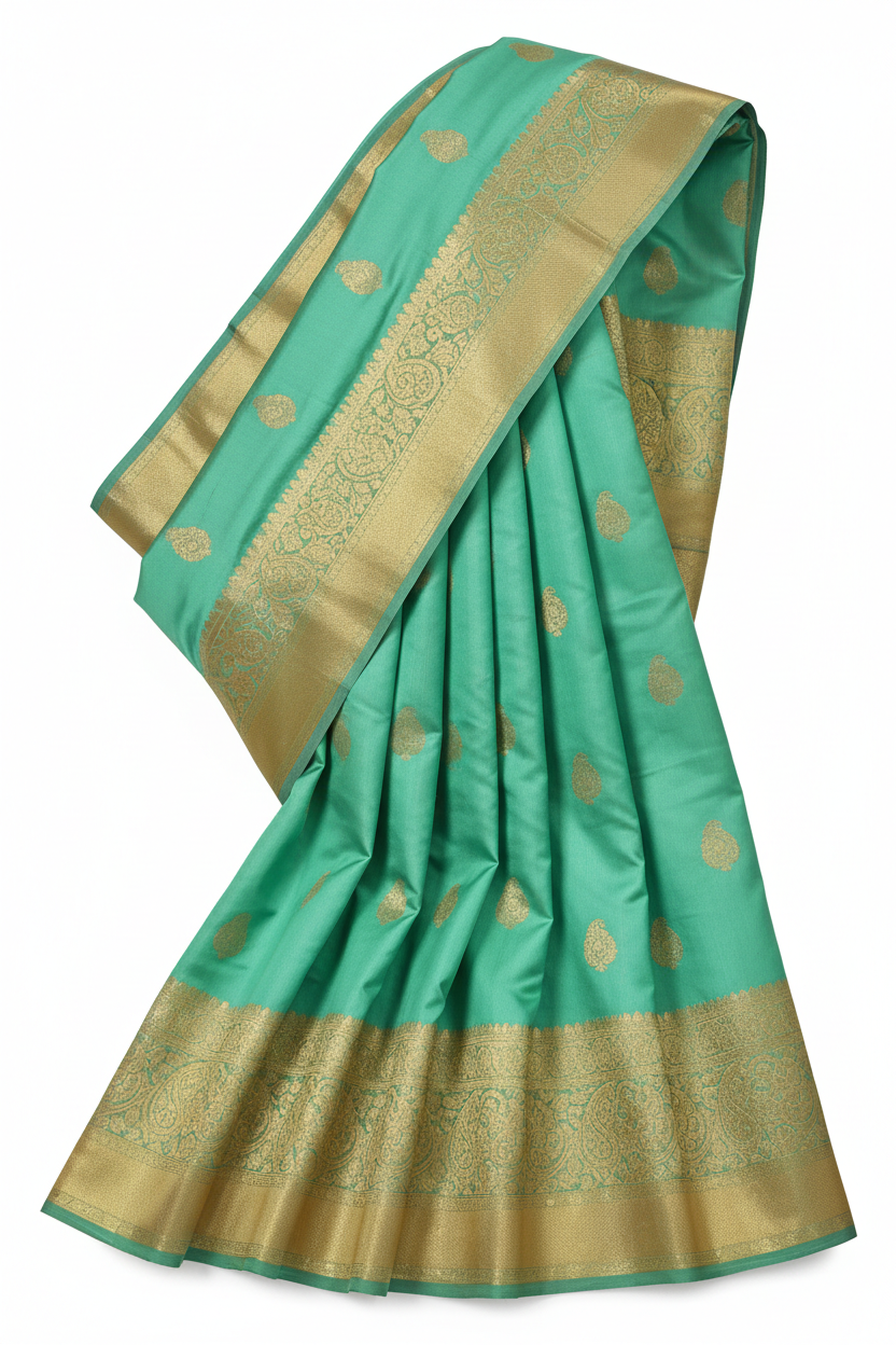 Indian Katan Silk Saree in Mint Green with gold zari border