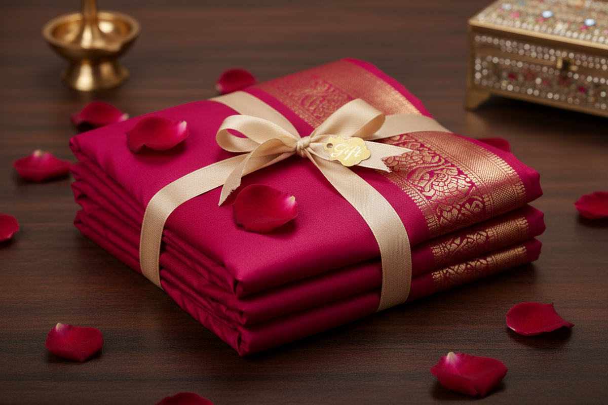 Dark pink Katan silk saree gift presented with rose petals