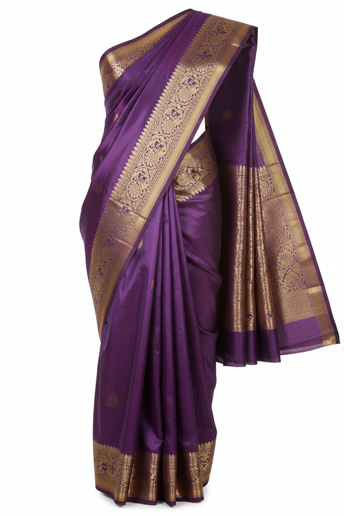 Indian Katan Silk Saree in Deep Purple with gold zari border, draped elegantly