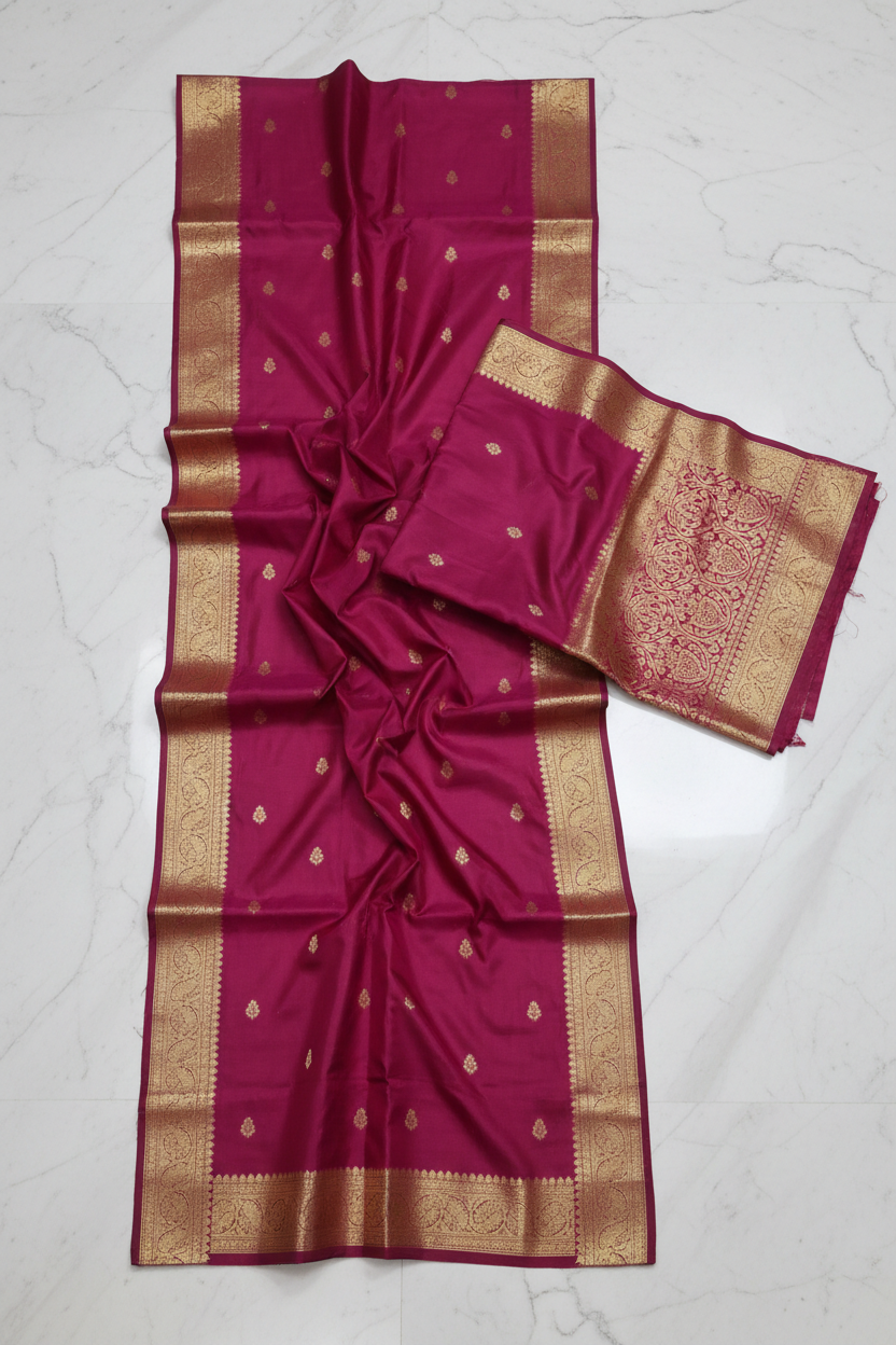 Dark pink Katan silk saree flat lay showing full length and gold zari border